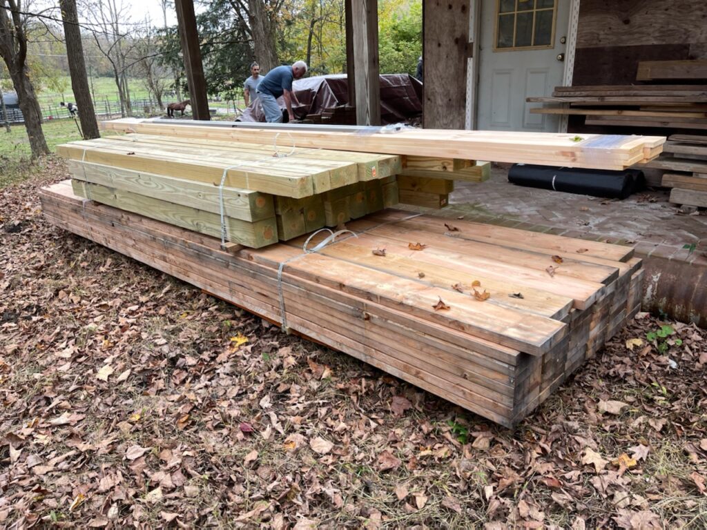 A pile of stacked lumber